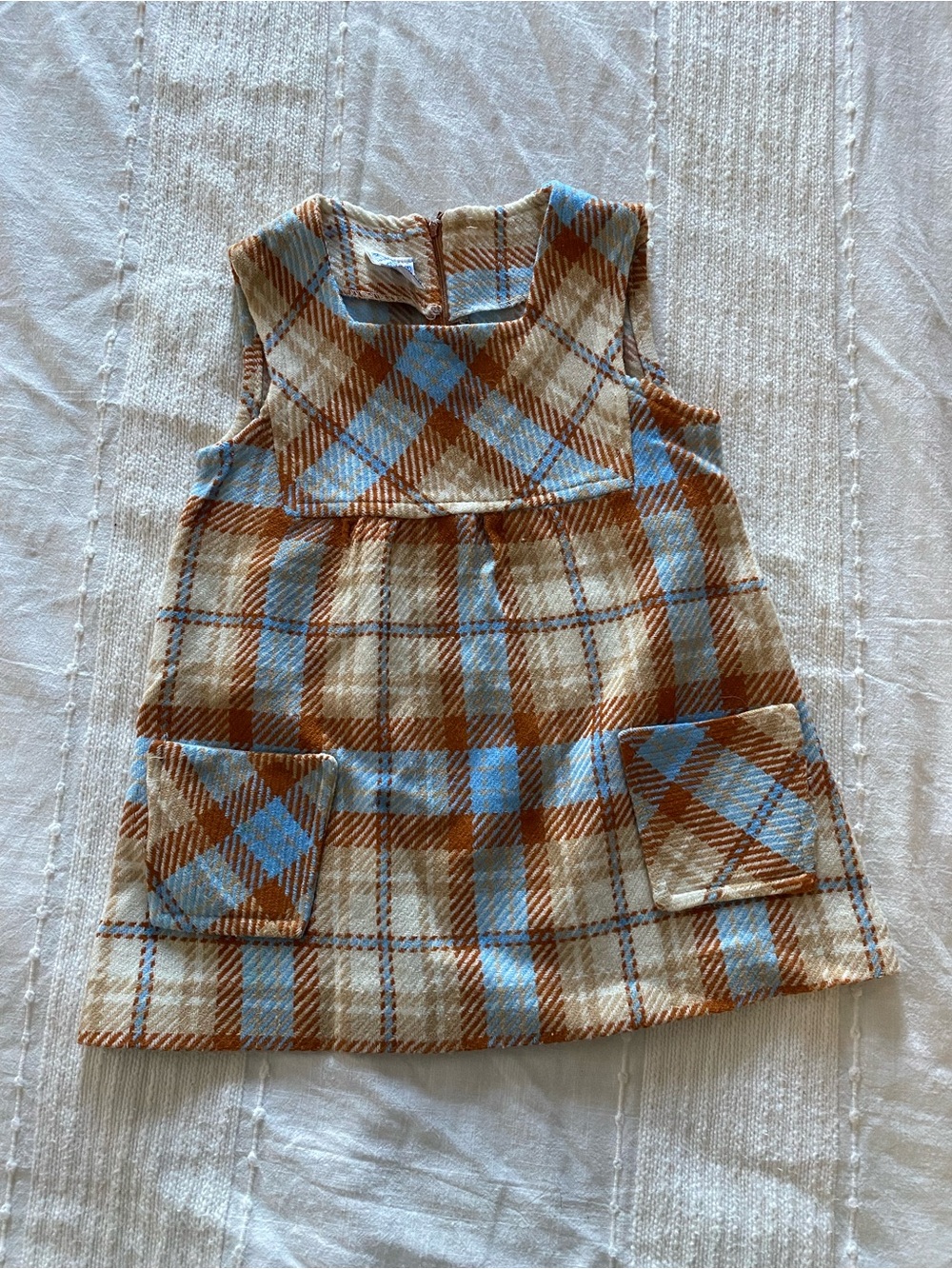 Vintage Plaid Pinafore Dress in Cream, Blue & Brown girls 4